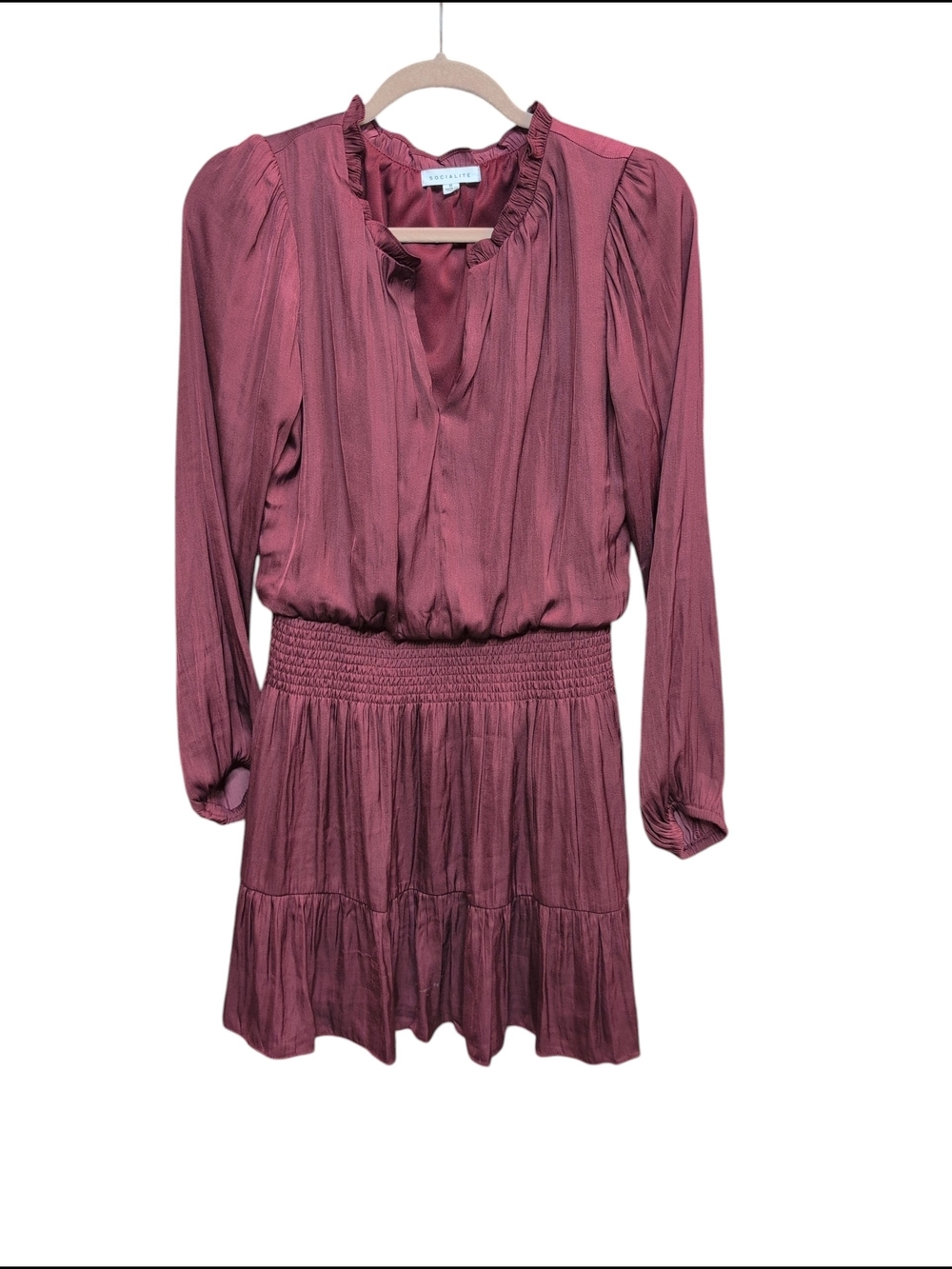 Socialite Long-Sleeve Ruffled Neck Dress in Dusty Rose